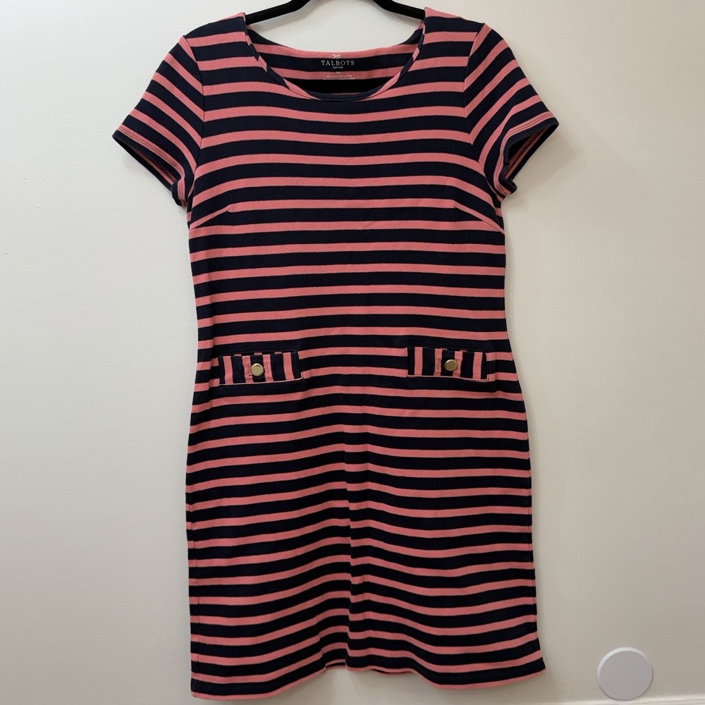 Talbots Dress Navy Pink Striped 100% Cotton Med Pet Classic Preppy - Picture 2 of 10